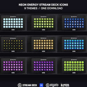 Könnte beinhalten: Eine digitale Sammlung von Neon Energy Stream Deck Icons mit neun verschiedenen Farbthemen auf schwarzem Hintergrund. Der Text lautet NEON ENERGY STREAM DECK ICONS 9 THEMES / ONE DOWNLOAD, inklusive der Logos von Stream Deck, Elgato und kron.