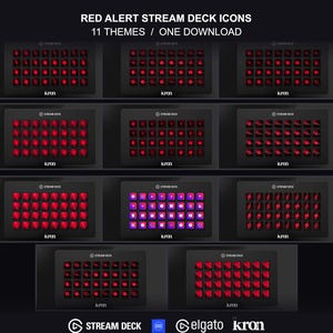 May include: A collection of eleven digital icon sets for a stream deck, displayed on black rectangular devices. The text reads RED ALERT STREAM DECK ICONS 11 THEMES / ONE DOWNLOAD. The icons feature various red graphic symbols on dark backgrounds.