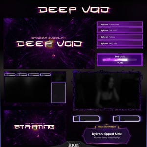 May include: A digital stream overlay design with a deep purple and black color scheme. The design includes text that reads "DEEP VOID" and "STARTING". There are also subscriber, gift, follow, and bit notifications, along with a sub goal progress bar.