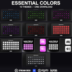 Op de afbeelding: Een digitale collectie van icoonthema's voor een Stream Deck, met tien kleurvariaties waaronder blauw, groen, roze, paars, rood, oranje, wit en zwart. Het display toont rasters van vierkante knoppen met diverse symbolen en de tekst ESSENTIAL COLORS.