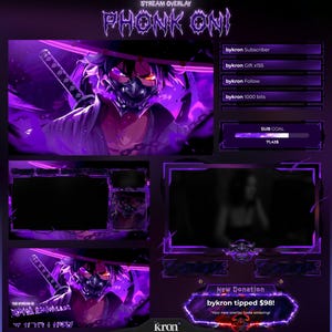 Könnte beinhalten: Ein lila Stream-Overlay-Design mit einem maskierten Anime-Charakter und einem Katana. Das Overlay enthält Abschnitte für Abonnenten-Benachrichtigungen, Follower-Zählungen und eine Spendenbenachrichtigung. Der Text enthält "PHONK ONI" und "SUB GOAL".