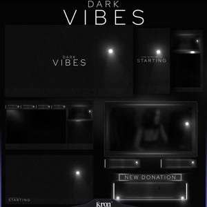 Peut inclure: Un design de superposition de streaming sur le thème sombre avec le texte "DARK VIBES" en blanc. Le design comprend plusieurs panneaux avec des accents lumineux, un affichage vidéo et une notification "NEW DONATION".
