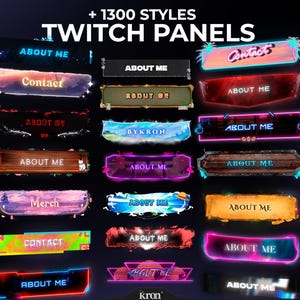 Può includere: Una collezione di pannelli Twitch con vari design e i testi "About Me", "Contact" e "Merch". I pannelli presentano diversi stili, tra cui neon, legno e temi paesaggistici, con il testo "+ 1300 STYLES" in alto.