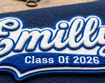 Personalize patches de chenille com nome, patches personalizados para jaquetas e uniformes universitários, patches de chenille personalizados, patches personalizados com logotipo e uniformes universitários.
