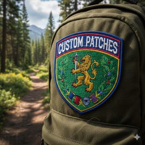 May include: A green backpack with a custom patch featuring a lion, needle, and thread design. The patch has a blue border with the words "CUSTOM PATCHES" in white. The background is a blurred forest trail.