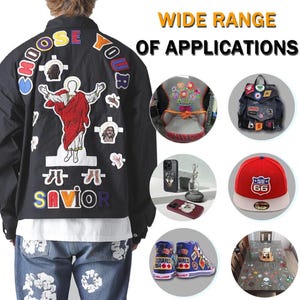 May include: Black jacket with colorful embroidered patches, including a central figure and the text "CHOOSE YOUR SAVIOR." The image showcases various applications, including a backpack, phone case, and shoes.