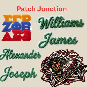 Op de afbeelding: Assortiment van geborduurde patches. Inclusief Griekse letters in oranje, blauw en rood, en namen als "Williams", "James", "Alexander" en "Joseph" in groen schrift. Ook een gedetailleerde Native American chief patch.