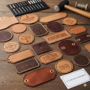 May include: Assortment of brown leather patches with various designs and text, including "Adventure," "Explore," and "Made with Love." Some patches feature a compass, tree, and camera. A hammer, tools, and thread are also visible.