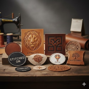 Può includere: Una collezione di articoli artigianali in pelle, tra cui quadrati goffrati con un leone e un design geometrico, e toppe rotonde e ovali con testo e disegni. I colori includono marrone, beige e nero. Su una superficie di legno.