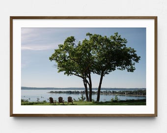 May include: A framed landscape print featuring a large tree with green leaves overlooking a body of water. Three wooden chairs are placed on the grass. The sky is blue with a few clouds.