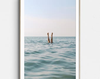 Swim Photography Print, Minimal Beach Lifestyle Wall Art, Calm Coastal Decor, Lake Michigan Handstand Photo