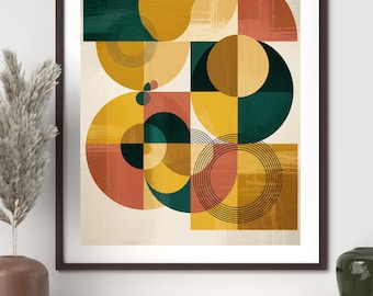 Mid century modern wall art, abstract geometric, circle shapes, printable digital download.
