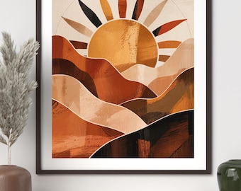 Boho Sun Wall Art Printable, Terracotta Desert Landscape, Abstract Sunrise Poster, Earth Tone Minimalist Wall Decor, Digital Download