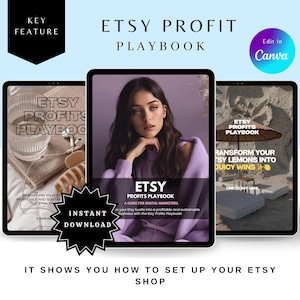May include: An Etsy Profit Playbook digital download displayed on three tablets. The cover features a woman and the text "ETSY PROFITS PLAYBOOK". Additional text includes "A Guide for Digital Marketers" and "Transform your Etsy lemons into juicy wins".