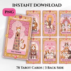 May include: A set of 78 tarot cards featuring cat illustrations in a pink color palette. The cards display various scenes with cats, including The Tower, The Emperor, Death, Four of Wands, The Hierophant, The Lovers, and Five of Wands.