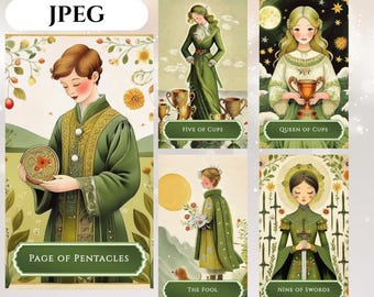 May include: Digital download of a tarot card deck featuring illustrations with a green and gold color scheme. The cards include titles such as "Page of Pentacles," "Five of Cups," "Queen of Cups," "The Fool," and "Nine of Swords."