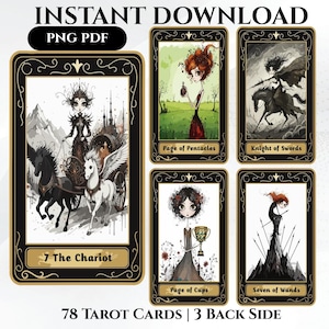May include: A set of 78 tarot cards featuring stylized illustrations including 7 The Chariot, Page of Pentacles, Knight of Swords, Page of Cups, and Seven of Wands. The cards have black borders with gold accents and text labels. Includes instant download PNG PDF.