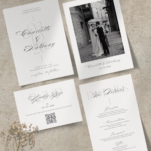 May include: A set of wedding invitation cards with elegant calligraphy. The main invitation features the names "Charlotte & Anthony" and the date. A black and white photo of the couple is on one card. Other cards include RSVP and details.