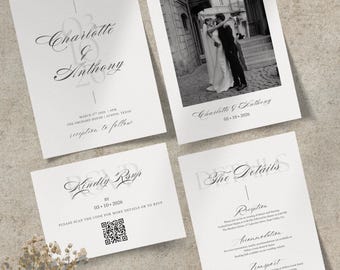 Wedding Invitation Suite Template Editable Photo Invite Set Minimal Details & RSVP Cards Printable Canva Wedding Bundle Digital Download