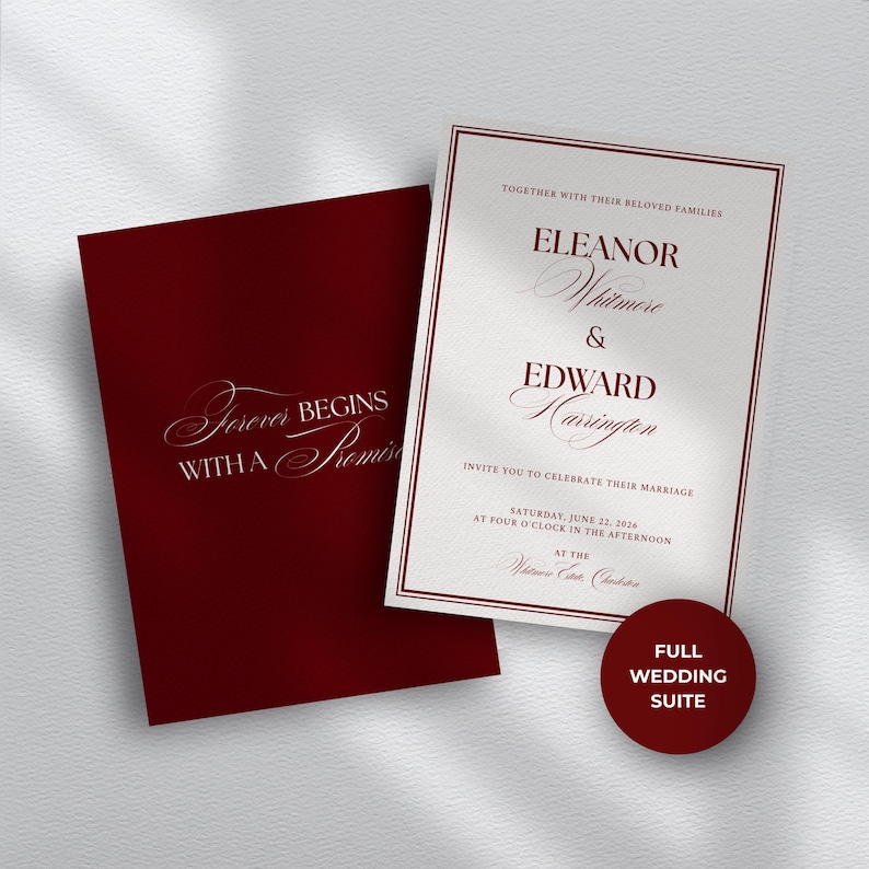 May include: Burgundy wedding invitation suite. The main invitation features the names Eleanor Whitmore and Edward Harrington, with the ceremony details. A matching card reads "Forever Begins With a Promise."