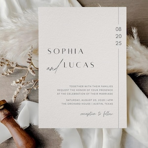May include: A minimalist wedding invitation with the names "Sophia and Lucas" in elegant script. The invitation includes the date, time, and location of the ceremony, with a neutral color palette and a simple design. The text "reception to follow" is also included.