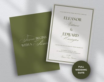 Old Money Wedding Invitation Suite Luxury Olive Green Canva Wedding Invite Set Editable Digital Download Wedding Invitation Template