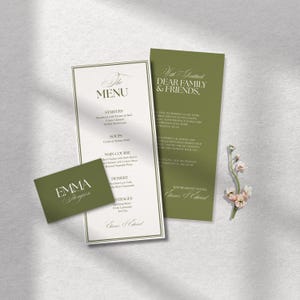 May include: An olive green wedding stationery set featuring a menu, a thank you card, and a business card. The menu lists starters, soups, main courses, desserts, and beverages. The thank you card has a message for family and friends. A sprig of flowers is on the right.