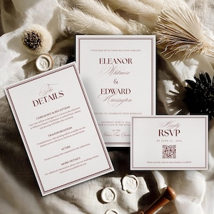 Luxury Wedding Invitation Set in Deep Red Formal Editable Canva Template