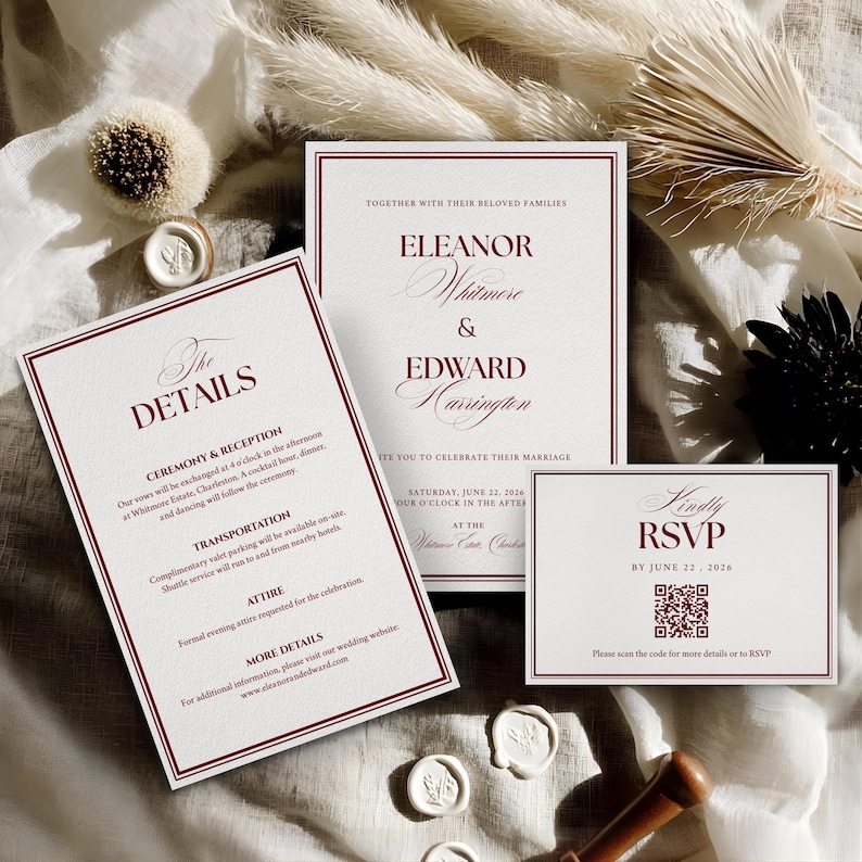 Luxury Wedding Invitation Set in Deep Red Formal Editable Canva Template