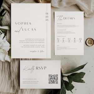 Minimalist wedding invitation template set with modern layout editable Canva wedding invite suite including details and RSVP cards instant digital download
