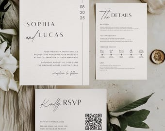 Minimalist Wedding Invitation Template Set Modern Editable Invite Suite Canva Template Details Card RSVP Instant Download