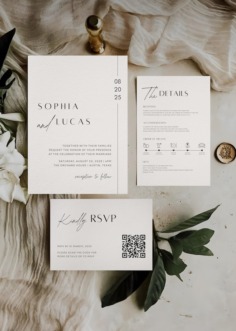 Minimalist wedding invitation template set with modern layout editable Canva wedding invite suite including details and RSVP cards instant digital download