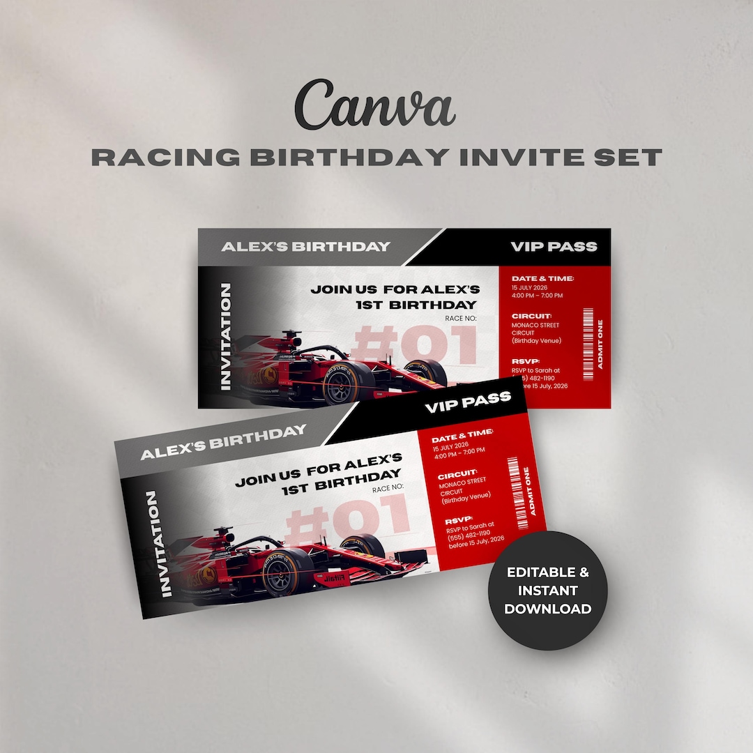 Vip Card For Racing Racing Birthday Invitation Set Editable Race Car Party VIP Pass Driver ...