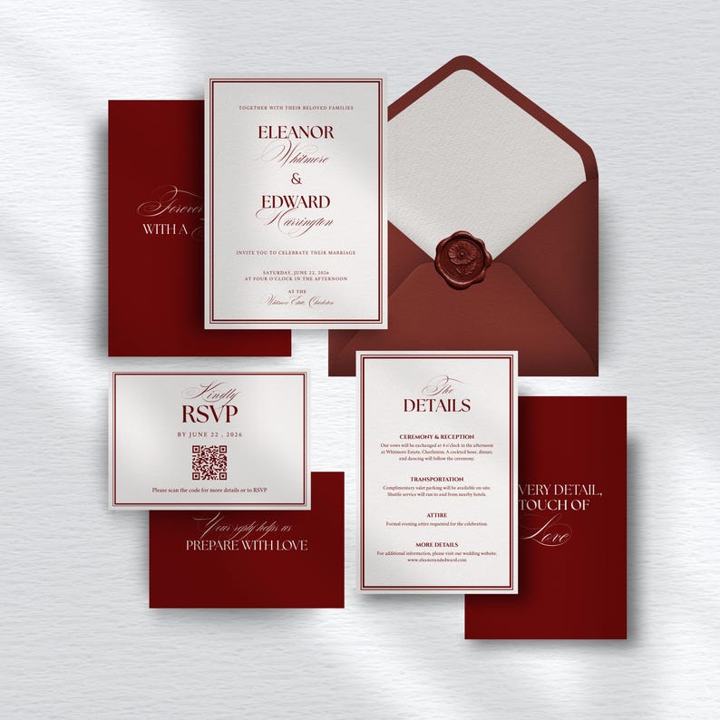 Old Money Red Wedding Invitation Template Elegant Classic Wedding Suite Printable Canva Design