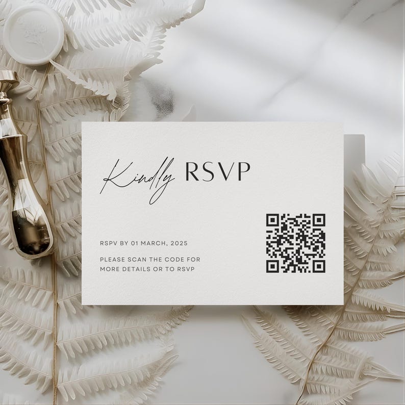 May include: A cream-colored RSVP card with the words "Kindly RSVP" in elegant script. The card includes a QR code and the date "01 March, 2025". The card is surrounded by white decorative elements.