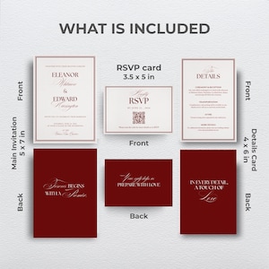 May include: Wedding stationery set in burgundy and cream. The set includes a main invitation (12.7 x 17.8 cm), an RSVP card (8.9 x 12.7 cm), and a details card (10.2 x 15.2 cm). The front of the invitation displays the couple's names.