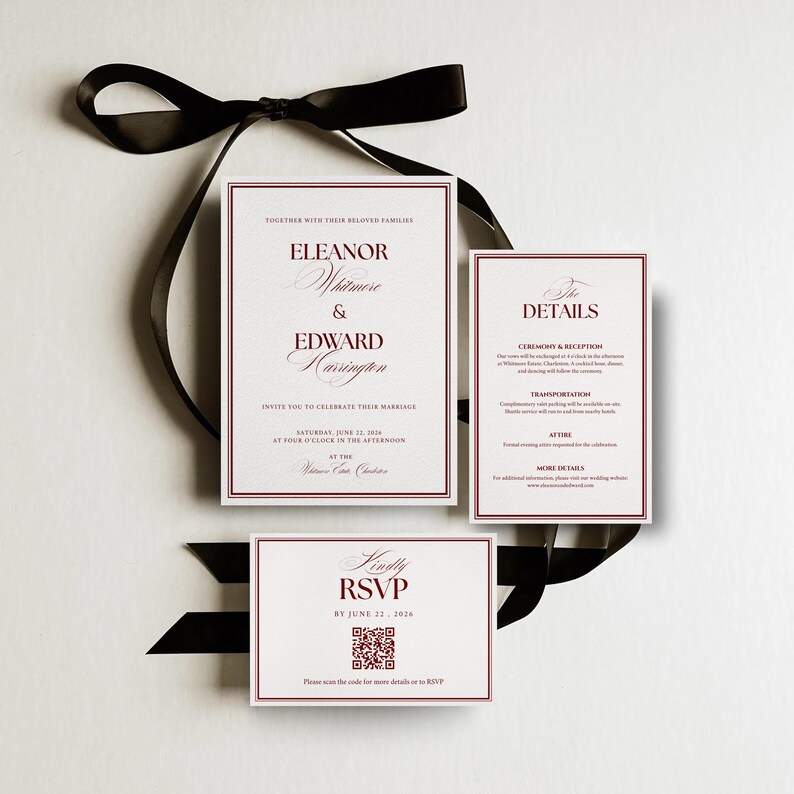 Classic and elegant Old Money Wedding Suite Minimal luxury Red and cream Elegant Invitation Cards
