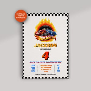 Puede incluir: Una invitación de cumpleaños con temática de Hot Wheels con un diseño de coche de carreras rojo y azul y llamas. La invitación incluye el nombre "Jackson", el número "4" y los detalles del evento. El borde tiene un patrón de cuadros blanco y negro.