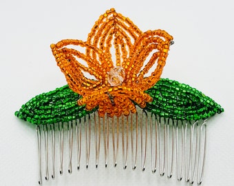 Orange Floral Decorative Hair Comb - Green Leaf Bloom Fascinator - French Beaded - Sparkle Collection (Limited Edition)