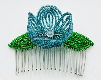 Turquoise Floral Decorative Hair Comb - Green Leaf Bloom Fascinator - French Beaded - Sparkle Collection (Limited Edition)