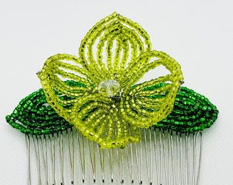 Chartreuse (Light Green) Floral Decorative Hair Comb - Green Leaf Bloom Fascinator - French Beaded - Sparkle Collection (Limited Edition)