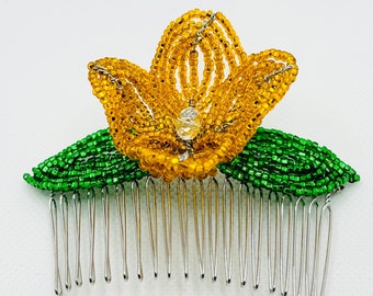 Marigold Orange Floral Decorative Hair Comb - Green Leaf Bloom Fascinator - French Beaded - Sparkle Collection (Limited Edition)