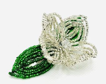 Silver Floral Hair Clip - Green Leaf Bloom - French Beaded - Sparkle Collection