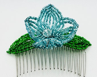 Cyan (light aqua) Floral Decorative Hair Comb - Green Leaf Bloom Fascinator - French Beaded - Sparkle Collection (Limited Edition)