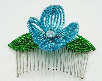 Bright Turquoise Floral Decorative Hair Comb - Green Leaf Bloom Fascinator - French Beaded - Sparkle Collection (Limited Edition)