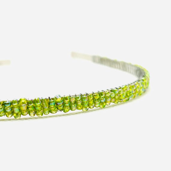 Light Green Rainbow Crystal Beaded Headband: Aurora Borealis 