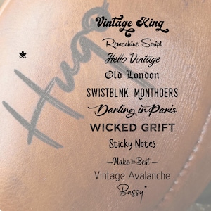 Peut inclure: Gros plan sur une surface marron avec divers motifs de texte en noir. Le texte comprend des phrases telles que "Vintage King", "Hello Vintage" et "Darling in Paris". Un graphique gris "Hug" est visible.