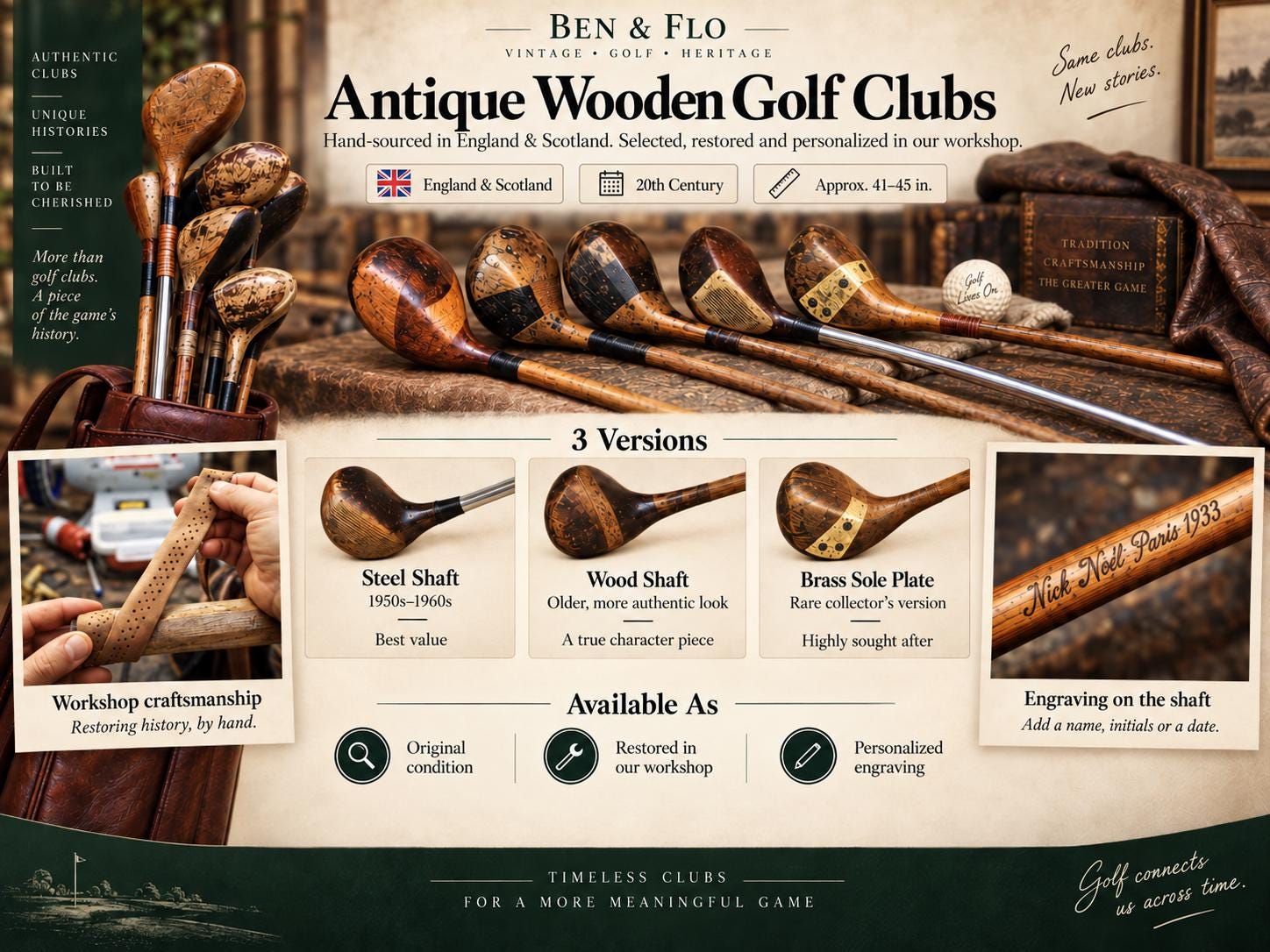 ゴルフの歴史 GOLF Woods,Irons and Memorabilia Vintage Wooden Golf Club – Restored Wood Golf Club, Personalized
