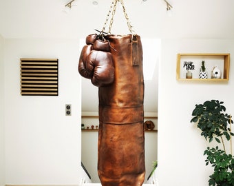 PUNCHING BAG Hanging With Antique Brass Chain - Dark HONEY Color Leather  – 100% Leather Vintage Luxury Boxing Sack - 40 inch