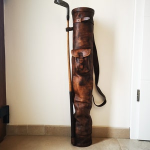 Handmade Vintage Leather Golf Bag 1930s Style – Rustic Retro Golf Gift for Men and Women – Personalized Antique Golf Club Bag Decor